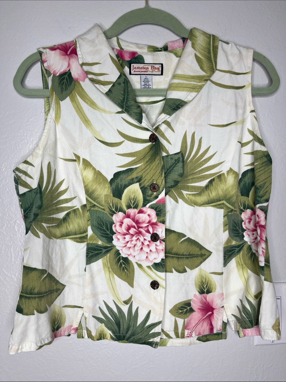 Vintage Jamaica Bay Tropical Print Sleeveless Button Up - Size L Vacation Resort